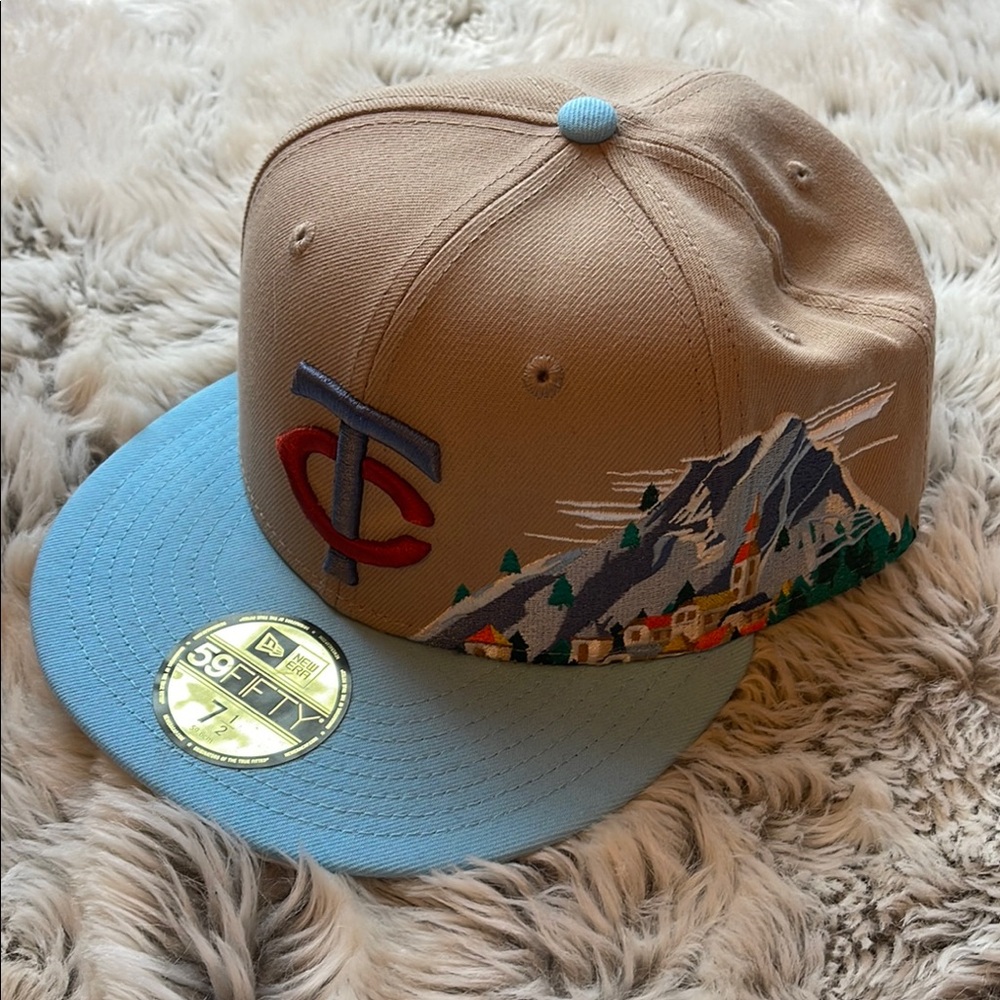 Twins New Era Tan and Blue Cap with Mountain Design